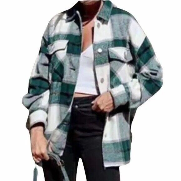 Avec Les Filles Tops - Avec Les Filles sz M green white plaid button up long sleeve Shacket Shirt